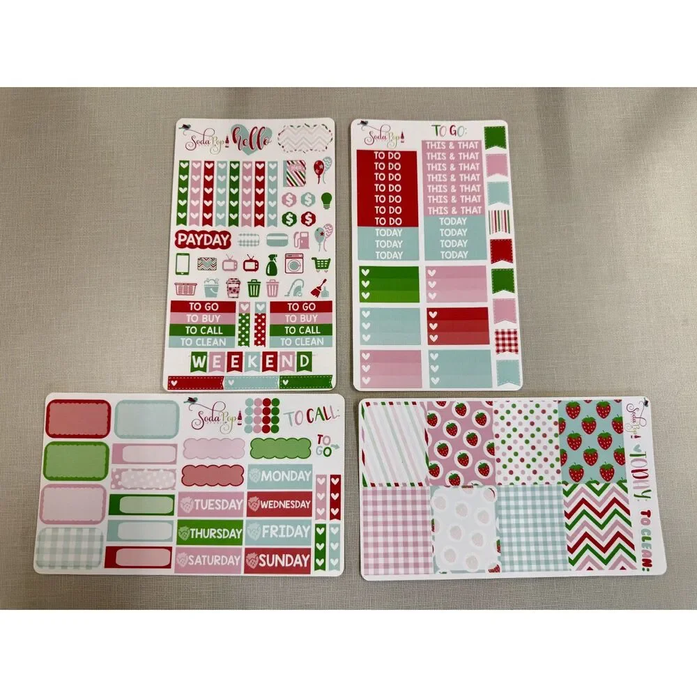 New! Soda Pop Studios 4 page planner sticker set strawberry picking themed